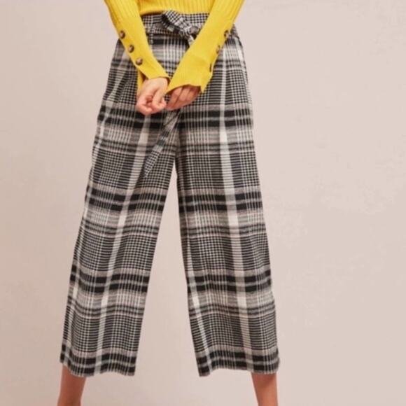 Ett TWA Anthropologie Luca Plaid Black White Pink Wide Leg Belted Pants size 4 - Picture 4 of 13